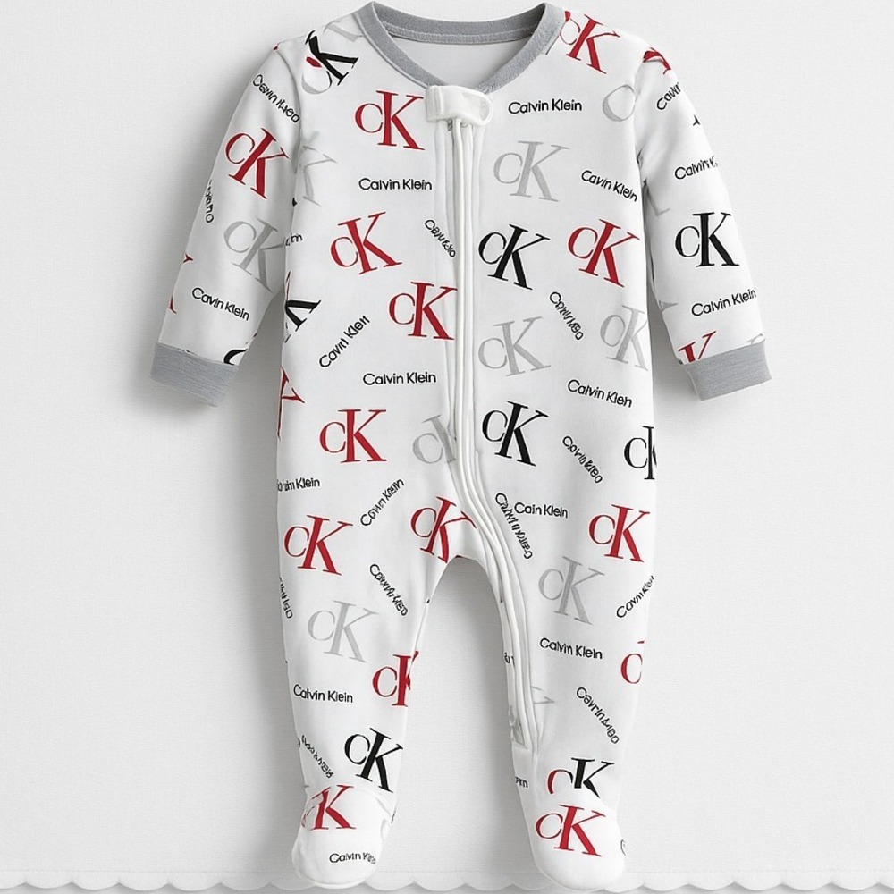 Calvin Klein Baby Footed Pajamas 6 9M‎ White Red Logo Print One Piece Sleepwear